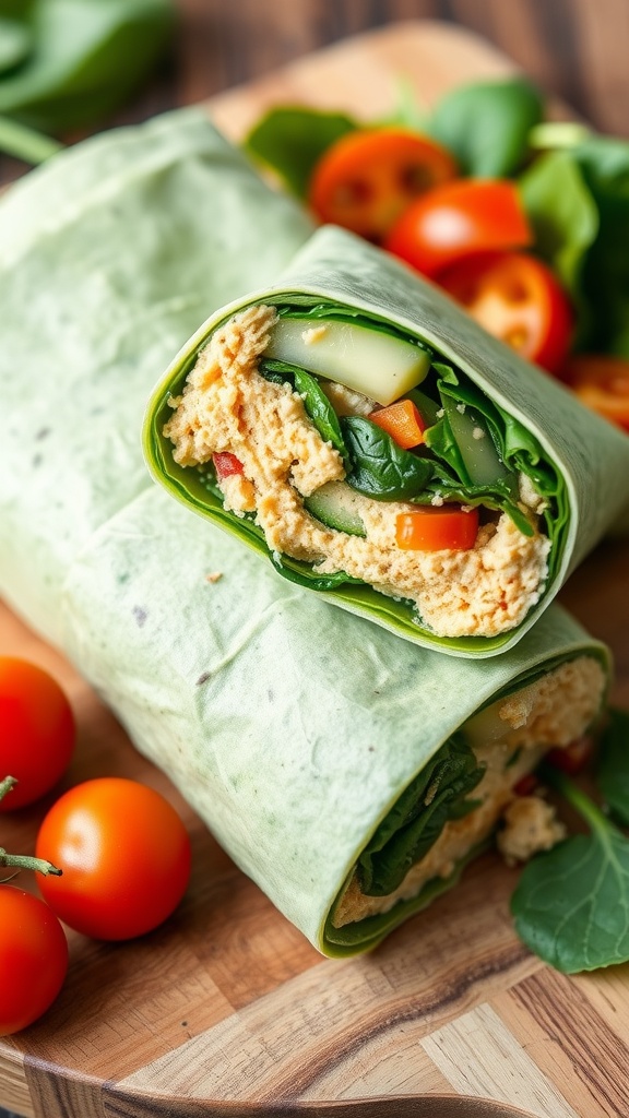 A colorful spinach wrap with hummus and vegetables, sliced in half, served with cherry tomatoes.